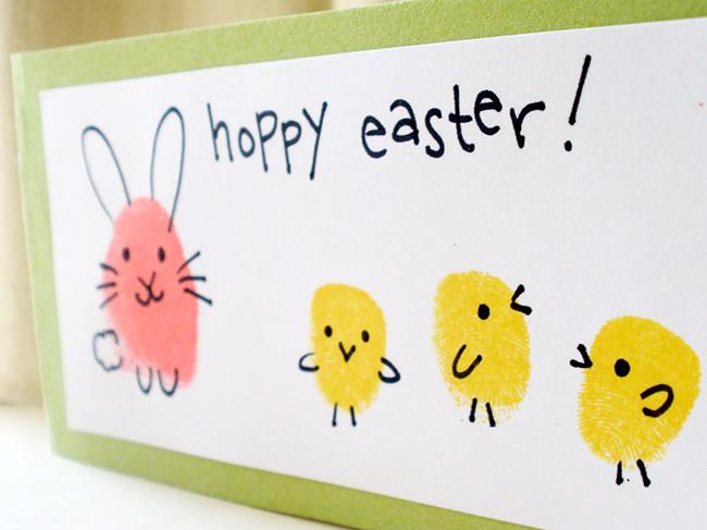 Easter Bunny and Chick Fingerprint Card - Simple Card Making Ideas for Kids via @stitchesandpress